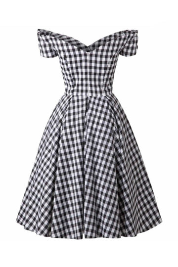 Svart Gingham Av Axeln Vintage 1950-Tals Klänning